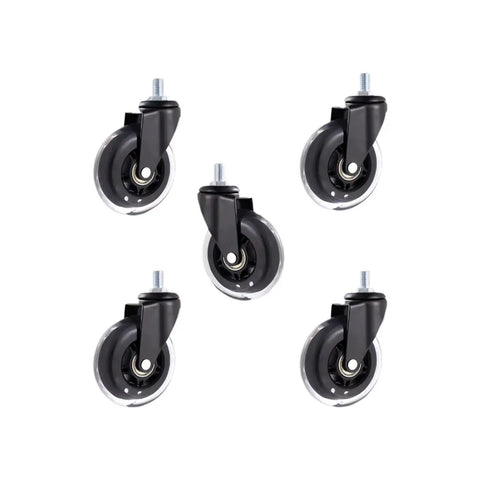 Five Pcs 3 Inch Polyurethane Caster Wheels Silent Rolling Heavy Duty Furniture Casters set with black wheels and 10 mm stems.