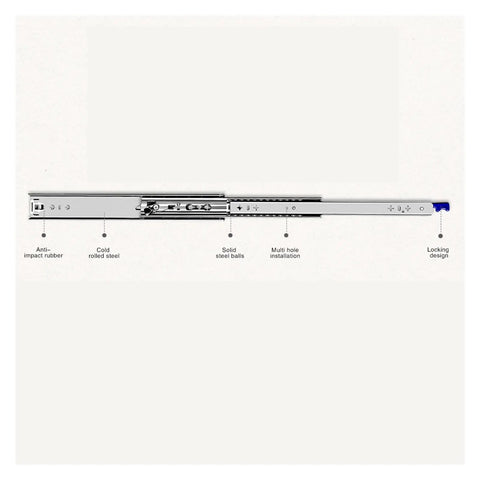 Heavy Duty Full Extension Drawer Slides With Rock Solid Locking Tech And Smooth Roll Out Action Built Tough For Shop Drawers Camp RV Gear and Custom Builds In 38 Inch Size, showcasing features like anti-impact rubber and cold rolled steel.