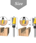 Size dimensions of Six Piece Template Router Bit Set With Bearing For Woodworking, showing core box and flush trim bits in wood.