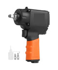 Workhorse Pneumatic Impact Wrench Breaking 690 Ft Lbs Torque On Frozen Nuts With A 3/8 Inch Square Drive side view with accessories.