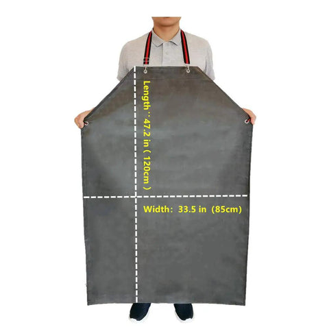 Person wearing Thick Rubber Apron Workhorse for dishwashing, grey waterproof 47.2x33.5 inch with adjustable straps, front view.