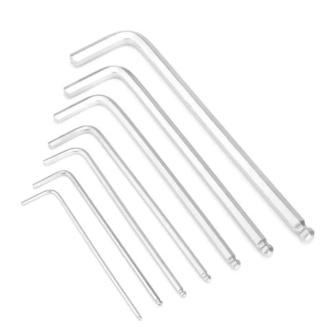 Top Tier 7 Piece Ball End Hex Key Wrench Kit Made From Chrome Vanadium Steel For Heavy Duty Jobs, Pros And DIY Rockstars Needing Extended L Shaped Tools For Garage Repair And Engineering Projects. 7-piece chrome vanadium ball end hex key set