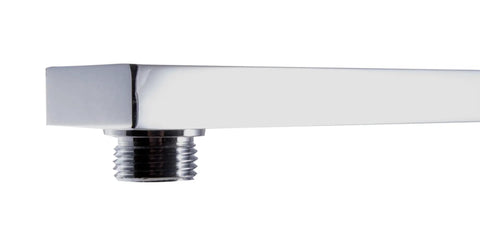 12 Inch Square Raised Wall Mounted Shower Arm With Curved Gooseneck Beefy Solid Brass Polished Chrome Standard Half Inch NPT Heavy Duty Square Pipe Design Built To Last For Large Square Rain Shower Heads