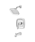 Edgemere Tub Trim Kit With Water Saving Shower Head And Cartridge In Polished Chrome Easy DIY Bath Upgrade For Traditional To Modern Bathrooms For Easy Home Makeover showing shower head, faucet, and handle in polished chrome finish