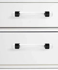 Crystal Clear T Bar Cabinet Pulls 5 Pack For Kitchen And Furniture, 3.8 Inch Hole Centers, 5 Inch Tube Length, 1.4 Inch Height, Black Matte Zinc Alloy Base With Acrylic Tubes, Modern Minimalist Hardware, Includes M4 Screws, installed on white drawers