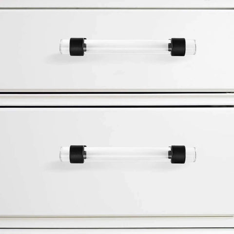 Crystal Clear T Bar Cabinet Pulls 5 Pack For Kitchen And Furniture, 3.8 Inch Hole Centers, 5 Inch Tube Length, 1.4 Inch Height, Black Matte Zinc Alloy Base With Acrylic Tubes, Modern Minimalist Hardware, Includes M4 Screws, installed on white drawers