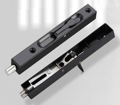 Top Tier Heavy Duty 6 Inch Stainless Steel Door Flush Bolts showing the sleek black design with smooth finish and hidden latch parts.