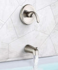 Brushed Nickel 3 Way Shower System With Rainfall Head And Handheld Tub Spout And Valve Diverter And Dual Shower Heads 2 In 1 on marble wall