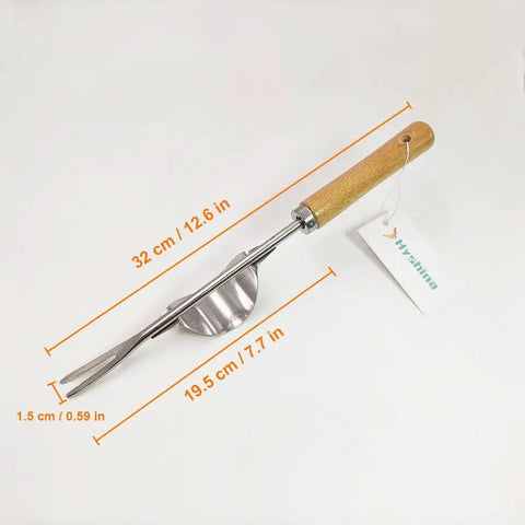 Back-Saving Garden Weeding Tool With Wood Handle And Stainless Steel Forks, 32.5 cm long, showing tool and measurements.