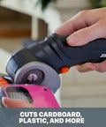Zip Snip Cordless Electric Scissors for quick fabric cuts and rotary cutting on packaging, handheld, close-up view