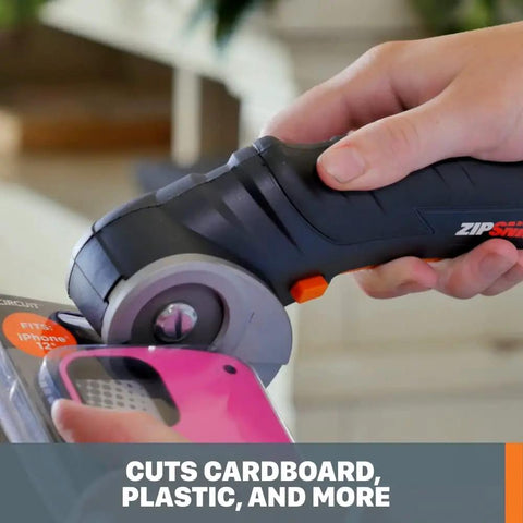 Zip Snip Cordless Electric Scissors for quick fabric cuts and rotary cutting on packaging, handheld, close-up view