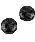 Two premium carbon fiber style screw caps for license plate frame, part of the Premium Top Shelf Heavy Duty Eight Piece Carbon Fiber Style License Plate Frame Screw Caps And Covers For Universal Car Sedan Quick Snap Pro Install Kit.