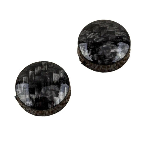 Two premium carbon fiber style screw caps for license plate frame, part of the Premium Top Shelf Heavy Duty Eight Piece Carbon Fiber Style License Plate Frame Screw Caps And Covers For Universal Car Sedan Quick Snap Pro Install Kit.
