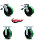 Heavy Duty Polyurethane On Cast Iron Swivel Top Plate Casters Set Of 4 With 6 Inch Green Wheels Includes Two Swivel Casters With Total Lock Brakes And Two Rigid For A 4800 Lbs Total Capacity.