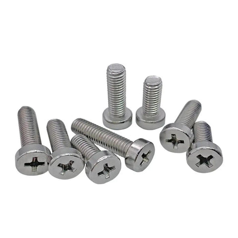 Top Notch 304 Stainless Steel Cheese Head Machine Screws With Phillips Drive In Metric Sizes M2.5 Through M6 Including M3x8mm Pack Of 100 displayed in a group.