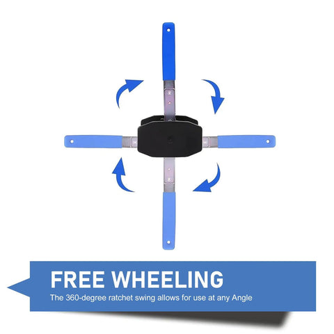 Top view of 4 In 1 Disc Brake Piston Separator And Caliper Press Tool With Anti Slip Ratchet Wrench And 2 S Hooks Tough Universal For Most Vehicles Blue