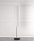 Gyoza Floorchiere Floor Lamp Tall 67 Inch Standing Light in Walnut Rubber Wood and Brushed Steel Finish with White Rice Paper Shade.