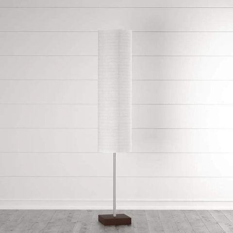 Gyoza Floorchiere Floor Lamp Tall 67 Inch Standing Light in Walnut Rubber Wood and Brushed Steel Finish with White Rice Paper Shade.