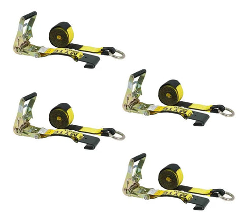 4 Pack 2 Inch By 14 Foot Wheel Straps For Car Trailer With Flat Hooks Beefy Yet Flexible Heavy Duty Tie Down Straps Lasso Style Tire Straps 3335 Lb WLL Side Mount Ratchet Ready Hauling Cars displayed in a set of four with flat hooks and yellow straps.