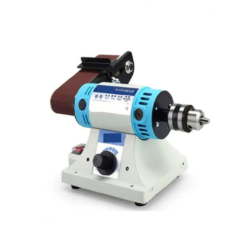 Kickass Desktop Belt Sander And Engraving Machine Featuring Rock Solid 750W High Power Motor Compact Table Grinder showing drill chuck and sanding belt.