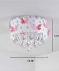 Pink Butterfly LED Crystal Chandelier Flush Mount Ceiling Light With Drum Shade designed for girls' room, 13.78'' W × 12.2'' H