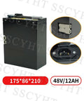 Top Tier 48V 12Ah Lithium Forklift Battery With Anderson Plug And Smart BMS Safety Protection For Efficient Electric Stacker Backup Power Solution, black metal housing, 175x86x210mm size.