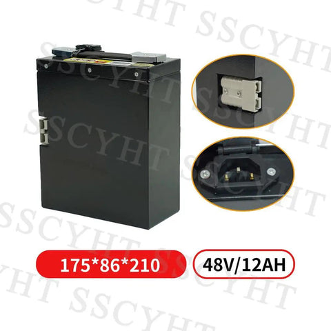 Top Tier 48V 12Ah Lithium Forklift Battery With Anderson Plug And Smart BMS Safety Protection For Efficient Electric Stacker Backup Power Solution, black metal housing, 175x86x210mm size.
