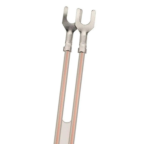 Close-up of FM Dipole Antenna 300 Ohm Twin Lead with 2 Pin Bare Wire connectors for indoor digital HD radio and tabletop FM receiver.