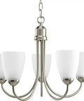 Five Light Etched Glass Traditional Chandelier In Brushed Nickel From Gather Collection For Dining Room Or Great Room Classic Elegant Lighting Fixture With Warm Ambient Glow And Cozy Home Decor Vibe.