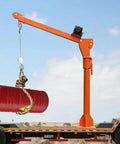Hella Tough Heavy Duty Floor Jack And Truck Jib Crane Hoist With Wireless Control For Pickup Lifts With Swivel Arm And 360 Degree Steel Rotation 1100 Lb Capacity lifting a red barrel with rope on a truck.