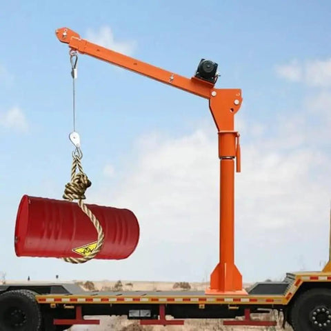 Hella Tough Heavy Duty Floor Jack And Truck Jib Crane Hoist With Wireless Control For Pickup Lifts With Swivel Arm And 360 Degree Steel Rotation 1100 Lb Capacity lifting a red barrel with rope on a truck.
