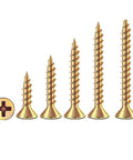 Badass Hardened Carbon Steel Self Tapping Wood Screws Featuring Smooth Countersunk Flat Heads Zinc Coated Finish in five sizes.