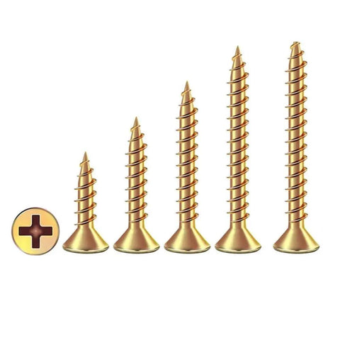 Badass Hardened Carbon Steel Self Tapping Wood Screws Featuring Smooth Countersunk Flat Heads Zinc Coated Finish in five sizes.