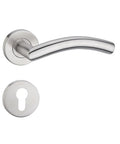 Interior Sliding Door Lever Handle With Slick One Piece Design For Easy Install in silver finish with round base and keyhole plate