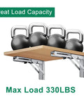 10 Inch Folding Shelf Brackets 2 Pack Stainless Steel Triangle Wall Mounts With Anchors installed with kettlebells on a wooden shelf.