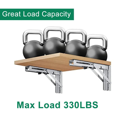 10 Inch Folding Shelf Brackets 2 Pack Stainless Steel Triangle Wall Mounts With Anchors installed with kettlebells on a wooden shelf.