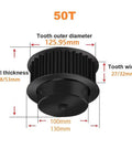 Top Shelf Eight Mm Timing Pulley Featuring Fifty Precision Teeth For Blazing Smooth Power Transfer Built From Tough Forty Five Steel Handles Thirty Millimeter Belt Width And Comes Ready With Standard Keyway Cut. Image shows measurements including tooth diameter and thickness.