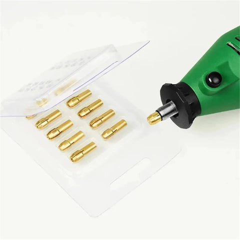Top Notch Drill Chuck Collets 100 Piece Set Fits 0.5 To 3.2Mm Drive Bits with brass collets in packaging for Dremel tools.