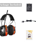 Bluetooth Hearing Protection Headphones With AM FM Radio 25dB NRR Rechargeable, battery, charging cable, manual