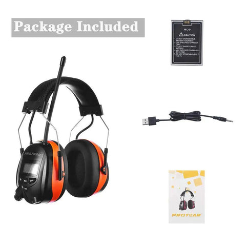 Bluetooth Hearing Protection Headphones With AM FM Radio 25dB NRR Rechargeable, battery, charging cable, manual