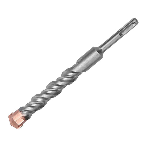 Side view of an SDS-Plus masonry drill bit with copper-tipped carbide tip, 1-1/8 in diameter, 11 in length