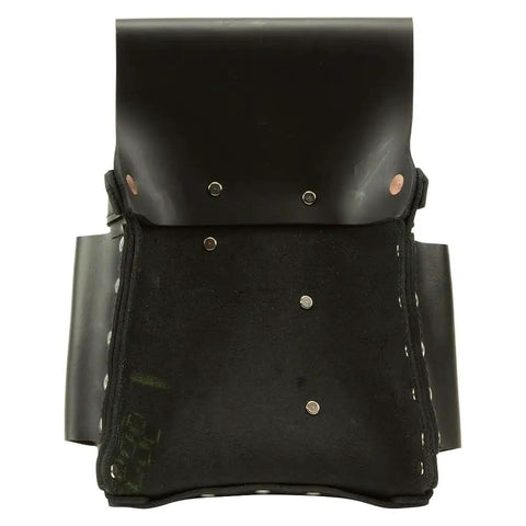 Front view of Extra Capacity Tool Pouch With Eight Pockets For Pliers And Screwdrivers Hammer Loop Knife Snap Tape Thong Leather Stitch Riveted Build Belt Loop Fits Up To Three Inches Made In USA Tough As Nails Built To Last