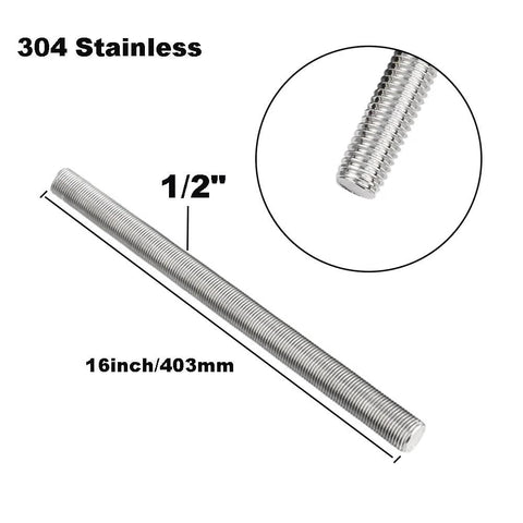 16-inch 304 stainless steel fully threaded rod, 1/2-in diameter, 13 TPI, right-hand threads, 2 pieces