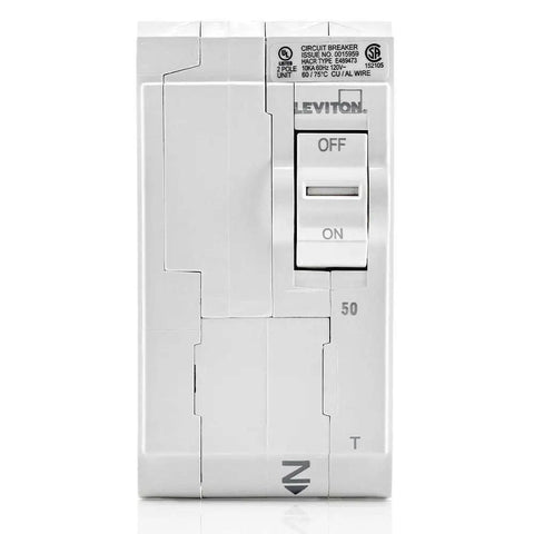 Front view of 50 Amp Two Pole Plug On Standard Branch Circuit Breaker Thermal Magnetic 120 240 VAC White LB250T with rocker switches