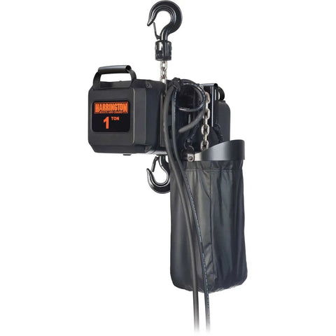 Top Shelf Theatrical Chain Hoist With Built Tough Two Ton Capacity And Sixty Foot Lift For Stage Rigging And Studio Jobs. Black one ton hoist.