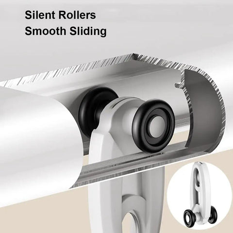 Heavy Duty Aluminum Sliding Barn Door Track System Built For Smooth Ceiling Mount Setups Featuring Silent Bypass Rollers That Glide Like Butter close-up of silent rollers in action.