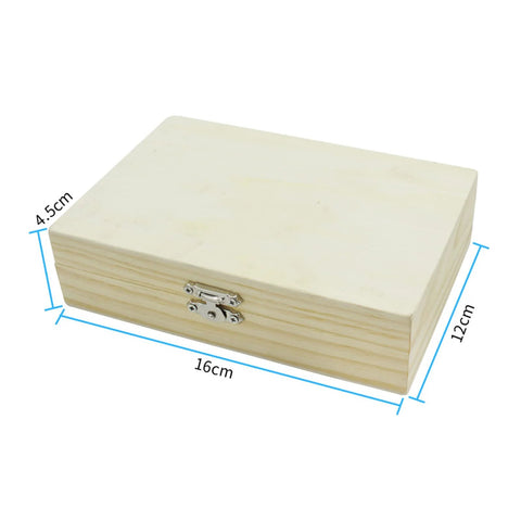 Angled front view of a wooden storage box with a metal latch, measuring 16x12x4.5 cm.