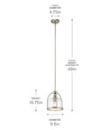One Light Mini Pendant In Brushed Nickel, Cool Modern Steel Fixture dimensions with 4.75-in canopy for dry locations