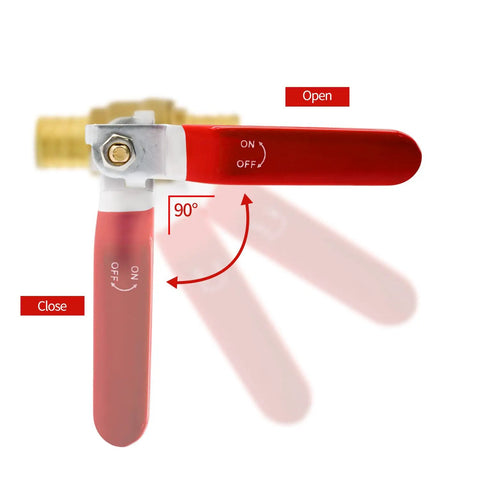 Load Up This Four Pack Of One Half Inch Pex Brass Full Port Shut Off Ball Valves featuring red handle with open and close labels.