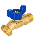 Pro Level Outdoor Spigot With One Half Inch Male Npt Inlet Plus Three Quarter Inch Male Ght Hose Bibb Fitting, brass with blue handle.